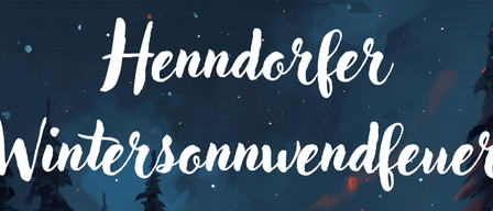 Ein Nachthimmel mit Sternen und dem Schriftzug 'Hendorfer intersonnvendefeu' in Weiß. Der Hintergrund ist dunkelblau mit roten und orangefarbenen Akzenten.