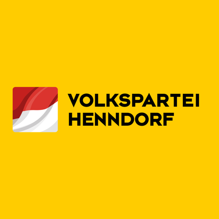 Das Bild zeigt einen gelben Hintergrund mit dem Logo und Namen von Volkspartei Henndorf. Das Logo ist ein Quadrat mit roten, weißen und schwarzen Farben. Der Name ist in fetten schwarzen Buchstaben.