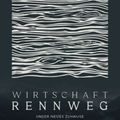 Schwarz-weißes Design eines körnigen Texturmusters mit den Worten 'Wirtschaft Rennweg' und 'Unser Neues Zuhause' auf einem dunklen Hintergrund.
