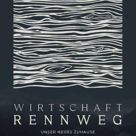 Schwarz-weißes Design eines körnigen Texturmusters mit den Worten 'Wirtschaft Rennweg' und 'Unser Neues Zuhause' auf einem dunklen Hintergrund.