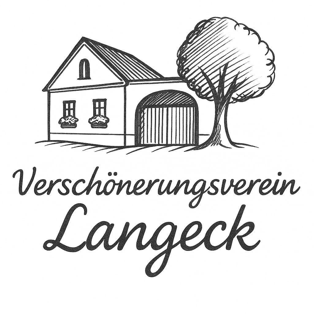 Eine Zeichnung eines Hauses mit einem Baum und dem Namen Verschönerungsverein Langeck darunter geschrieben.
