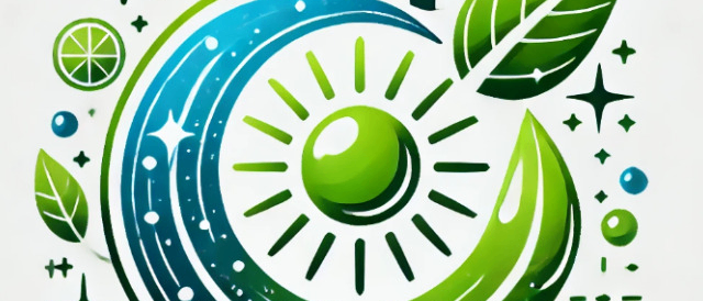 Eine kreisförmige Illustration mit einer grünen Sonne, Blättern, Wassertropfen und Solarpanelen. Die Sonne ist zentral, umgeben von einem blauen Kreis mit Strahlen. Verschiedene Symbole, einschließlich einer Zitrone, Windräder und Sternen, sind verstreut.