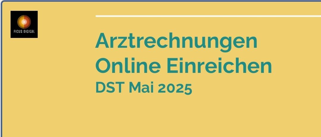 Ein gelber Banner mit grünem Text besagt 'Arztrechnungen Online Einreichen DST Mai 2025'. Ein Copyright-Symbol und 'Hyeri Rhin' sind unten.