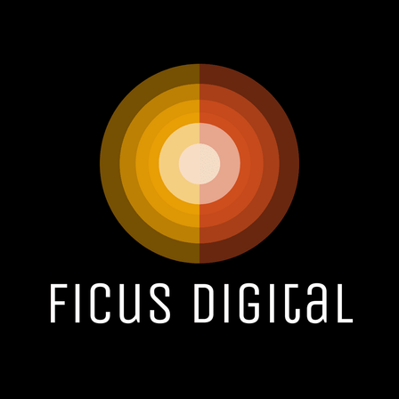 Das Ficus Digital Logo zeigt ein konzentrisches Kreisdesign mit Schichten aus Gelb, Orange und Rot auf schwarzem Hintergrund. Der Markenname ist in weißer, fetter Schrift unter dem Kreis geschrieben.