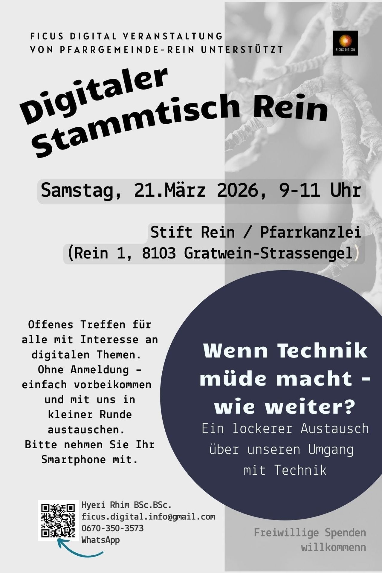 A poster for a digital meeting on March 21, 2026, from 9-11 AM, at Stift Rein/Pfarrkanzel. It invites people interested in digital topics to join, no registration needed. It asks what to do when technology becomes tiresome. It suggests exchanging ideas in a casual setting. It asks participants to bring their smartphones.
