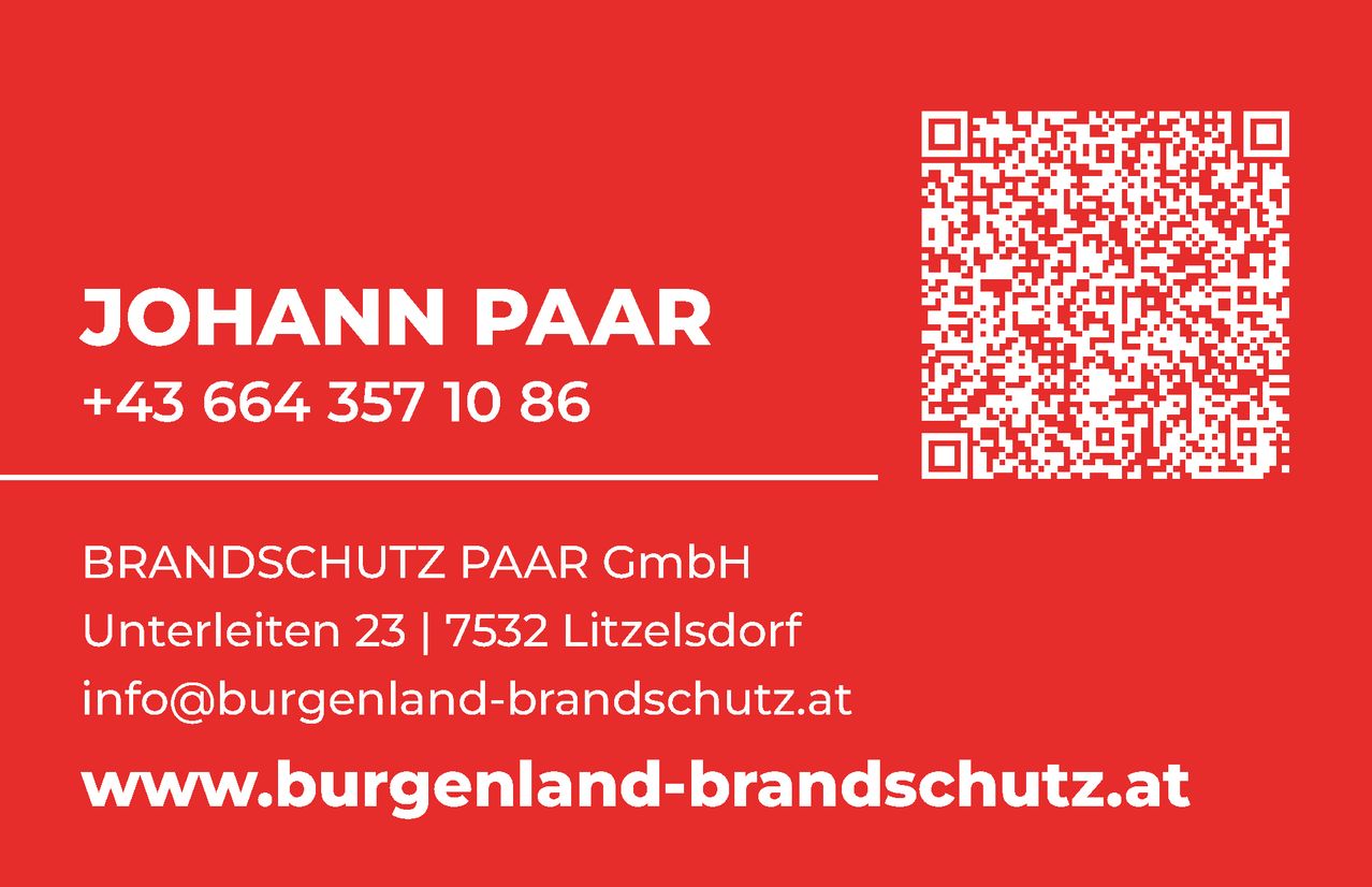 Visitenkarte für Johann Paar. Telefonnummer 64 357 10 86. Adresse: Eisen 23, 7532 Litzelsdorf. Webseite: burgenland-brandschutz.at. QR-Code enthalten.