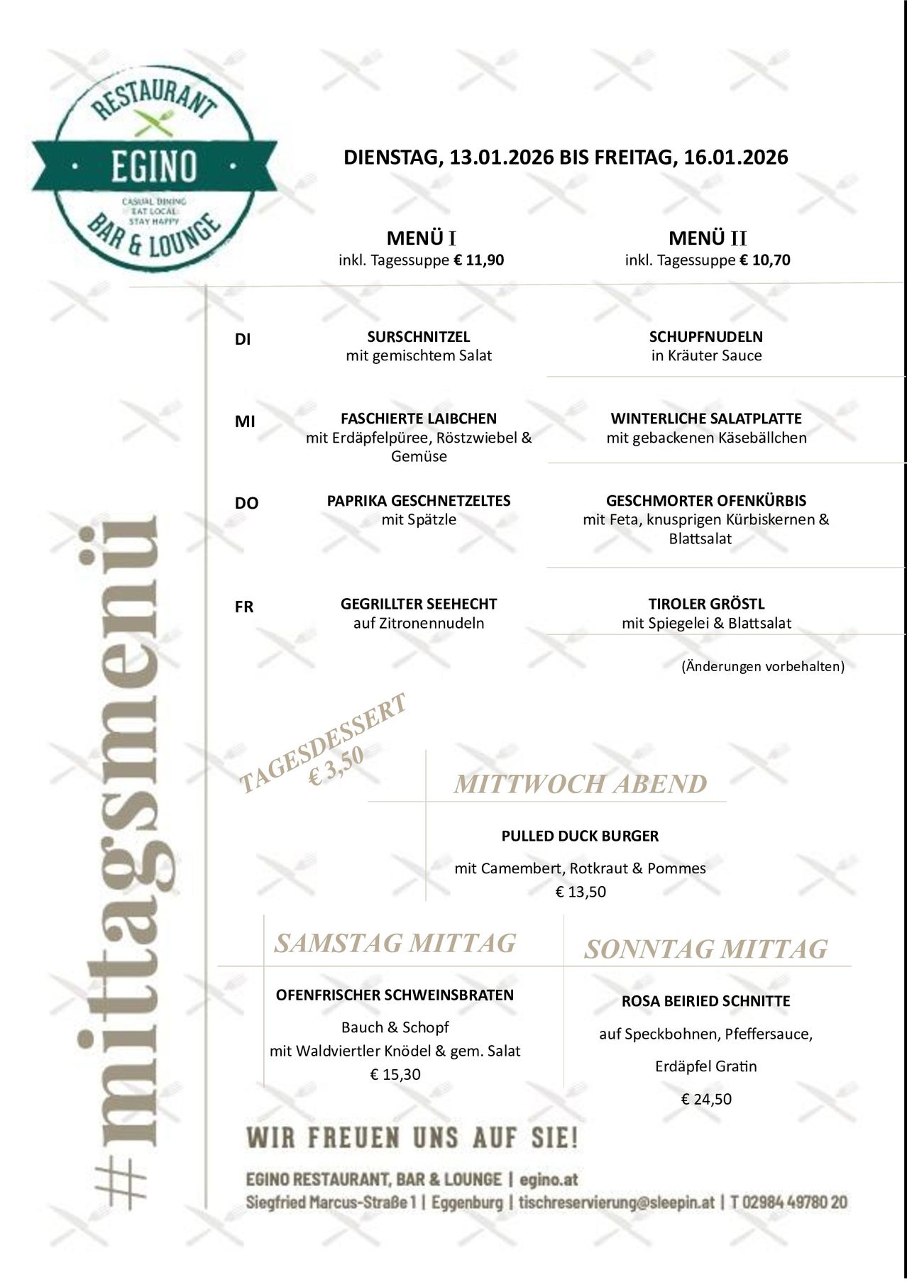 Menu I and II for dinner. Options include dishes like mixed salad and herb noodles. Specials include smoked duck burger and open-faced pork chop.