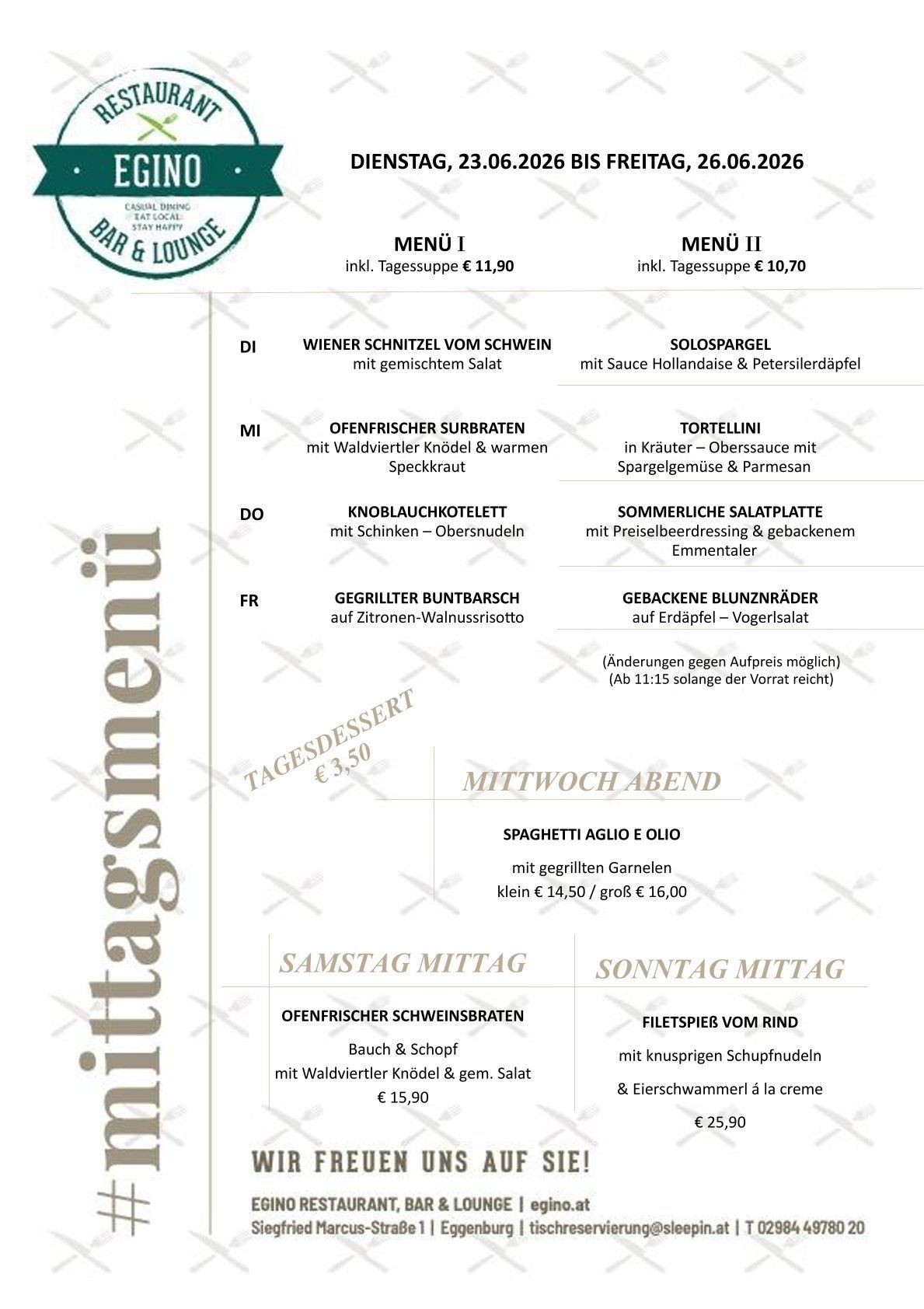 Die Speisekarte bietet Wiener Schnitzel, Offenfrischer Schnitzel Braten und mehr. Beinhaltet Preise und Zutaten. Verfügbar zum Mittag- und Abendessen.