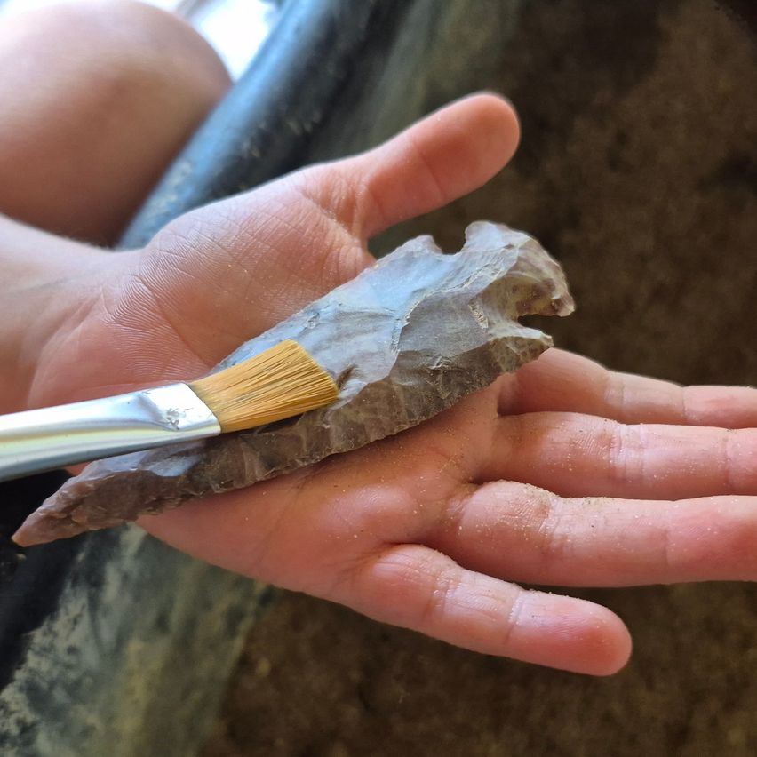Eine Hand hält ein graues Steinwerkzeug, möglicherweise ein prähistorischer Pfeilspitze, mit einem Pinsel, der es reinigt. Die Hand und der Pinsel sind über einer braunen, strukturierten Oberfläche positioniert.