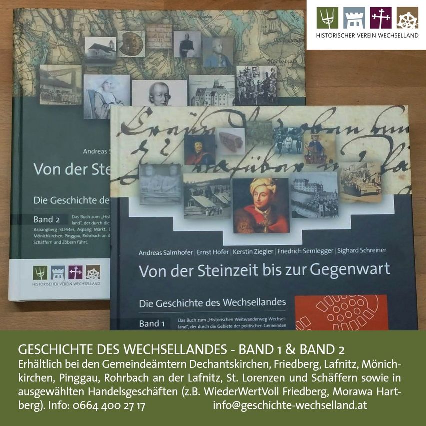 Zwei Bücher mit dem Titel 'Von der Steinzeit bis zur Gegenwart' sind ausgestellt. Das erste Buch zeigt Bilder von historischen Gebäuden und Menschen, während das zweite Buch eine Collage von Porträts hat. Die Bücher sind zum Kauf erhältlich.