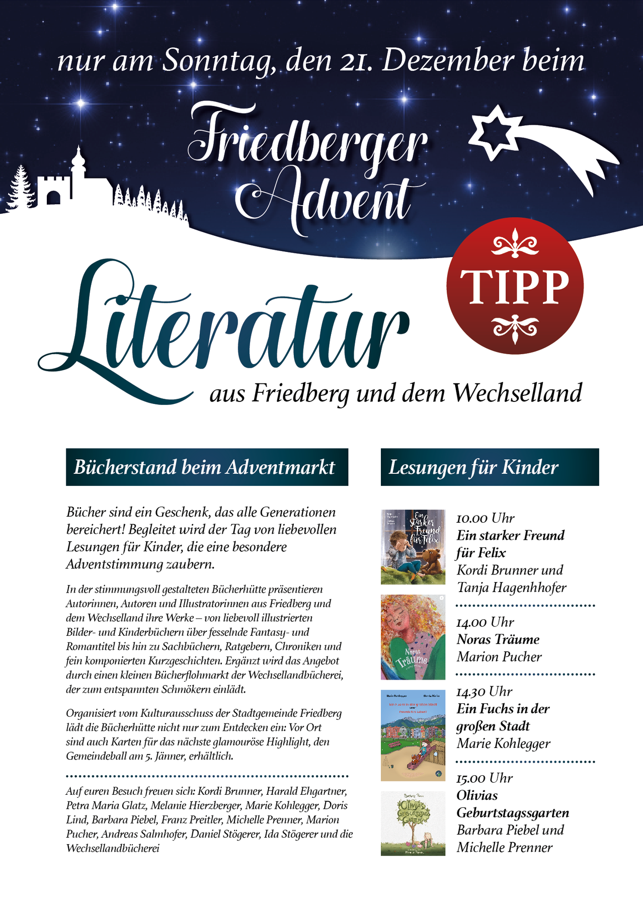 Ein Plakat bewirbt die Friedberger Advent-Literaturveranstaltung mit besonderen Lesungen für Kinder. Der Plakat enthält einen Zeitplan der Lesungen, Bücherstände und einen kleinen Weihnachtsmarkt, um eine magische Adventsstimmung zu schaffen.