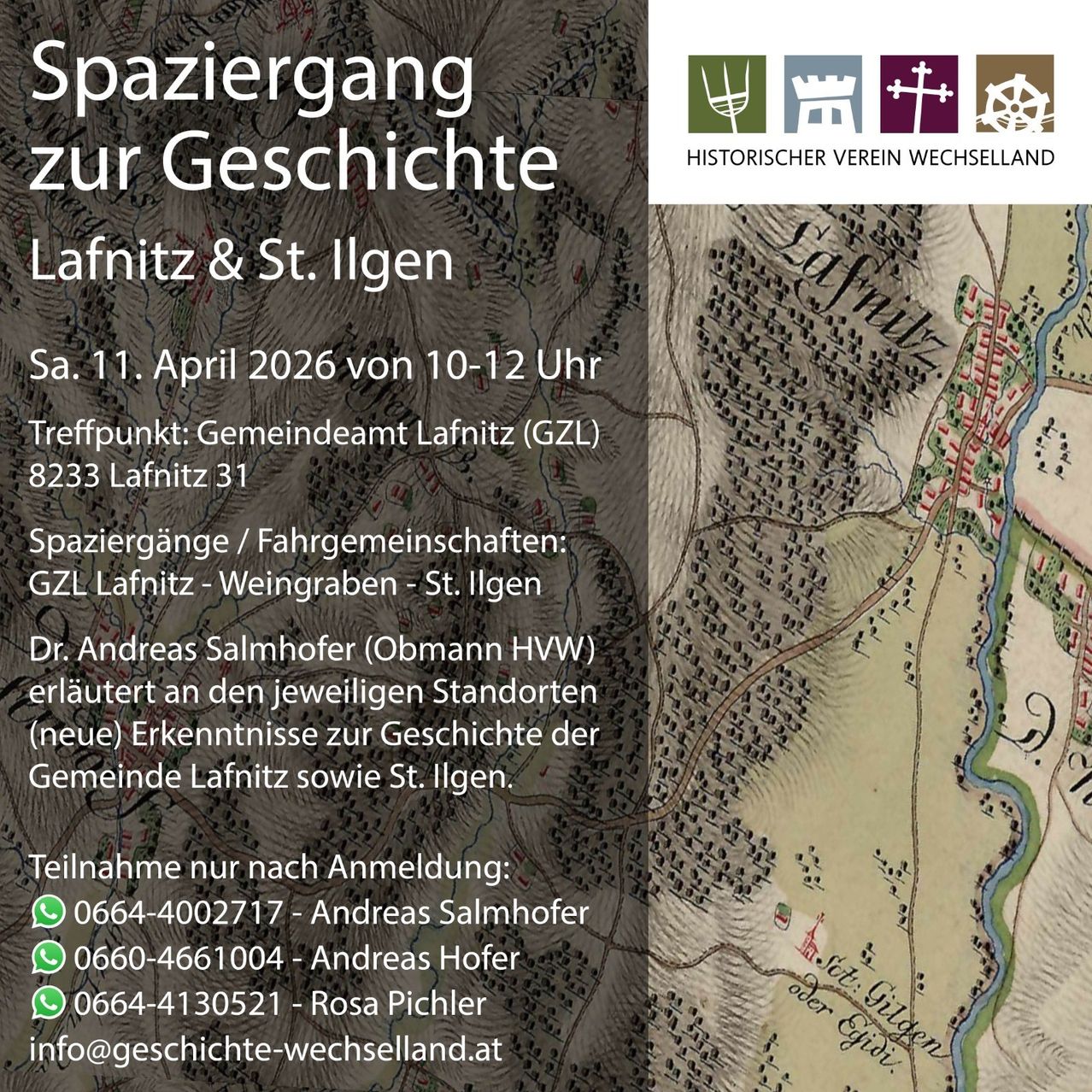 An historical tour in Lafnitz & St. Ilgen, led by Dr. Andreas Salmhofer, on April 11, 2026, from 10-12 AM. Meet at Gemeindeamt Lafnitz. Contact: +43 664-4002717, +43 660-4661004, +43 664-4130521, or email info@geschichte-wechselland.at.