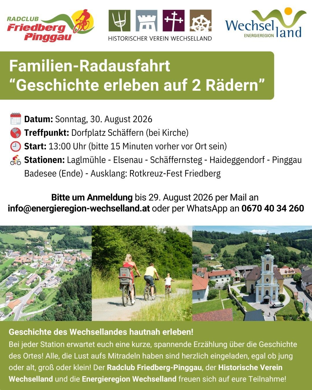 Ein Flyer für eine Familien-Radtour in Wechselland, Österreich. Es zeigt eine Familie, die durch malerische Landschaften radelt, mit Details zu Datum, Treffpunkt und Route. Der Flyer enthält Kontaktinformationen für die Anmeldung.