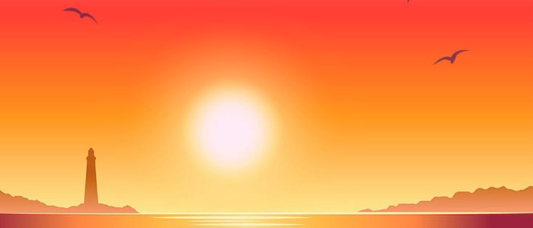 Ein Sonnenuntergang über dem Ozean mit einem Leuchtturm auf einer kleinen Insel in der Ferne. Vögel fliegen am Himmel.