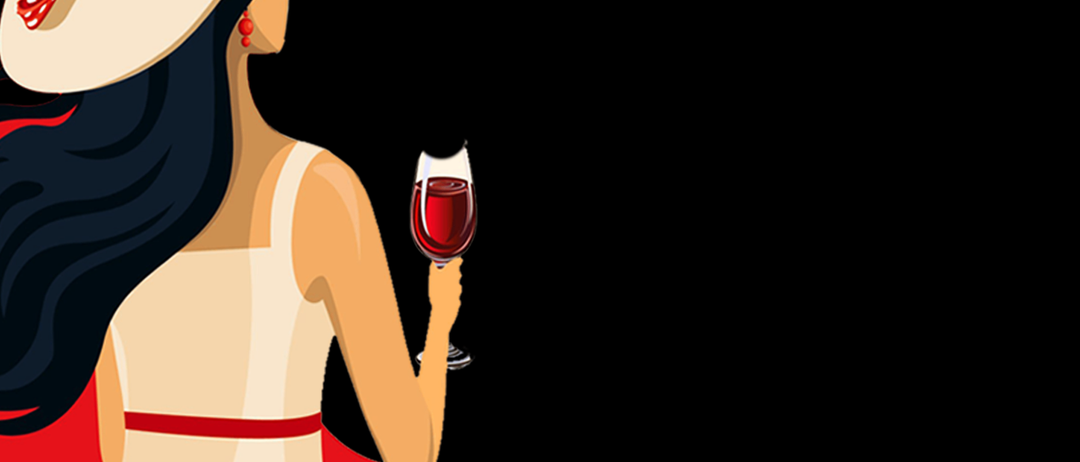 Eine elegante Frau in einem weißen Kleid und Hut mit rotem Band hält ein Weinglas mit rotem Wein.