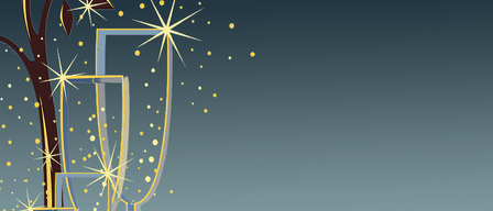 Eine Illustration von drei Champagnerflöten mit goldenen Sternen und Blättern auf blauem Hintergrund.