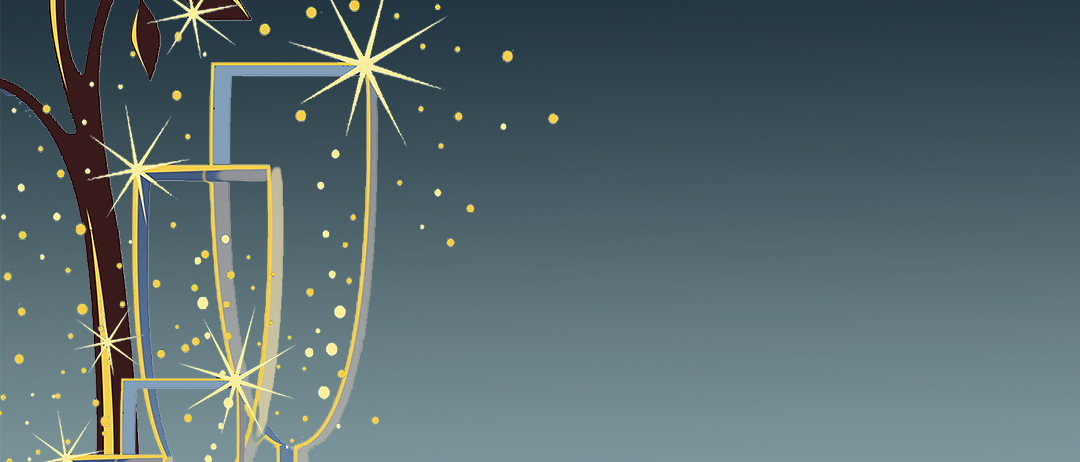 Eine Illustration von drei Champagnerflöten mit goldenen Sternen und Blättern auf blauem Hintergrund.