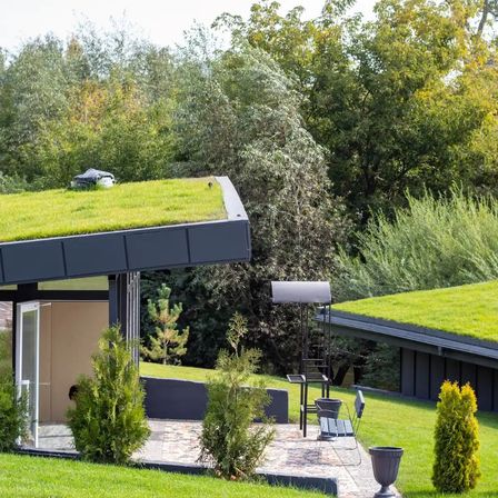 Ein modernes Haus mit einem grünen Dach und einem Garten. Bäume umgeben das Haus. Eine Bank und ein kleiner Tisch stehen im Garten.