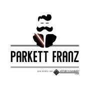 Das Logo von Parkett Franz zeigt einen Mann mit Schnurrbart, der einen Anzug und eine Krawatte trägt. Der Text ist fett und zentriert. Unten befindet sich ein kleines Logo.