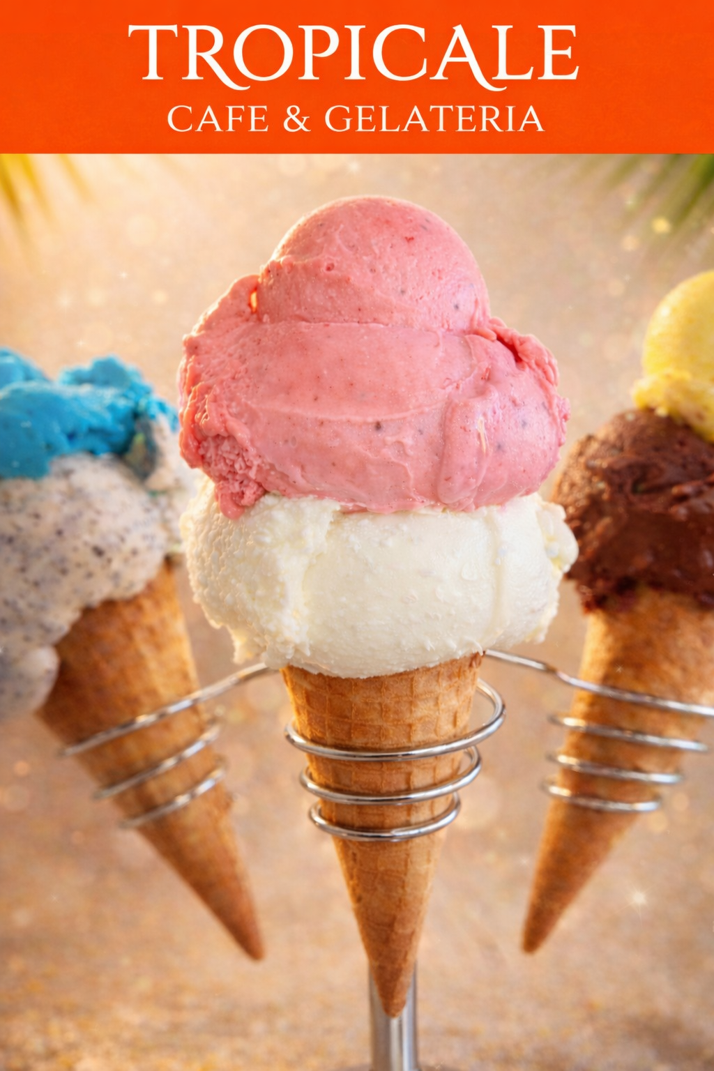 Drei Eisbecher in verschiedenen Geschmacksrichtungen. Ein Becher mit rosa Erdbeereis, ein Becher mit blauem Eis und ein Becher mit Schokoladeneis. Die Bechere werden von silbernen Ständern gehalten.