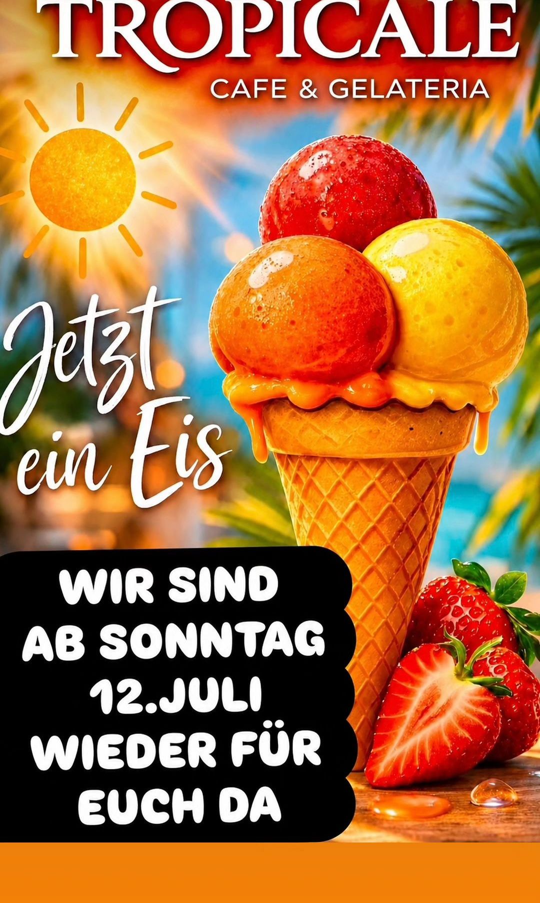 An ice cream cone with three scoops of ice cream, two red and one yellow, with caramel sauce and strawberries on the side. The image has a summery background with a sun and palm trees.