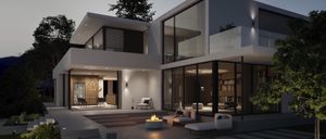 Bild enthält, Architecture, Building, House, Housing, Villa, Chair, Furniture, Grass, Plant