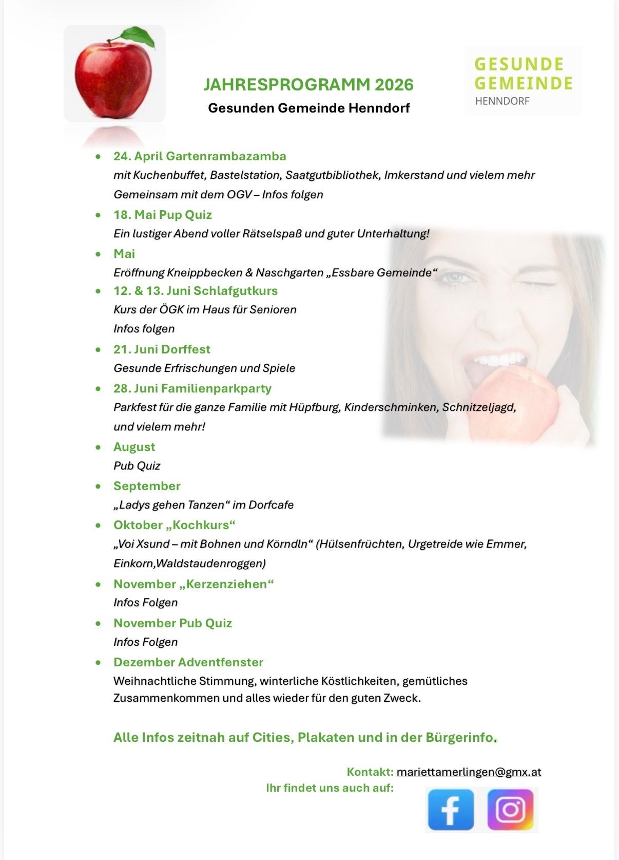 Ein Bild eines Flyers mit Veranstaltungen, einschließlich einer Gartenparty, Quiz, Familienparkparty und mehr. Das Bild zeigt eine Frau, die einen Apfel isst, mit dem Flyer im Hintergrund.