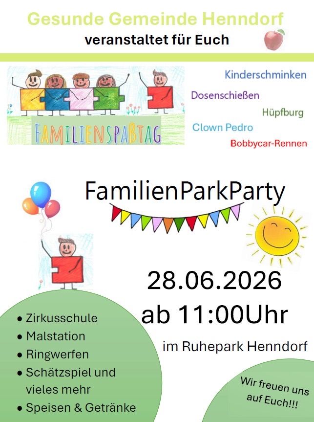Ein Plakat für eine Familien-Park-Party am 28.06.2026 ab 11:00 Uhr. Aktivitäten umfassen Zirkusschule, Snackstation, Ringwerfen, Schatzspiel und mehr. Ort: Ruhepark Henndorf.