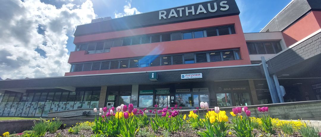 Ein sonniger Tag mit Blick auf das Rathaus-Gebäude und eine Vielzahl farbiger Blumen im Vordergrund.