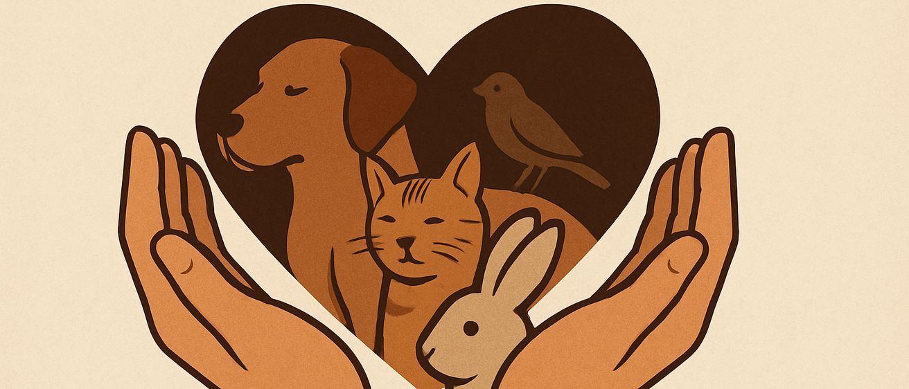 Eine Illustration von Händen, die ein Herz mit Tieren darin halten, einschließlich eines Hundes, einer Katze, eines Vogels und eines Kaninchens. Über dem Herzen steht das Wort Tierschutz in fetten Buchstaben.