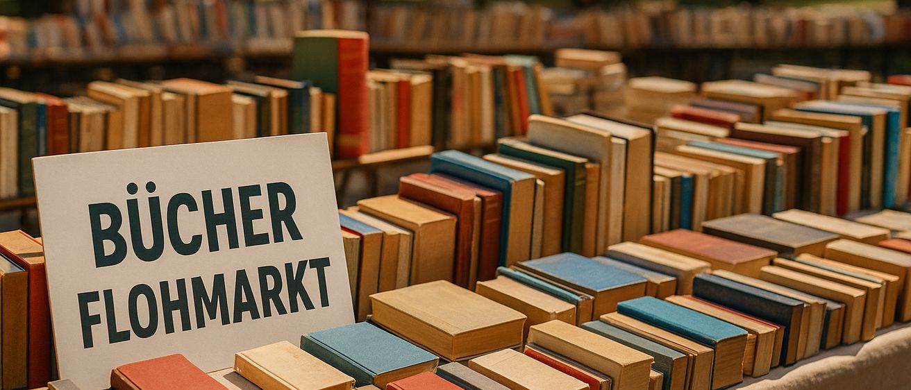 Ein Buchmarkt mit vielen Büchern auf einem Tisch, einem weißen Schild mit deutschem Text und Menschen, die im Hintergrund gehen.