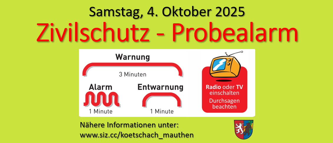 Eine Ankündigung für eine Zivilschutzprobealarm am 4. Oktober 2025. Es enthält eine Alarmsequenz und einen Zeitplan für Aktionen. Es weist die Betrachter auf eine Website für weitere Informationen hin.