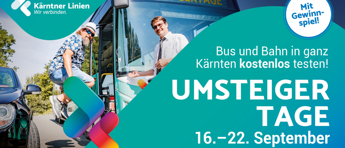 Eine Werbung für kostenlose Bus- und Bahnfahrten in Kärnten. Es zeigt zwei Männer, einer trägt eine Mütze und Sonnenbrille, der andere ist in Geschäftskleidung.