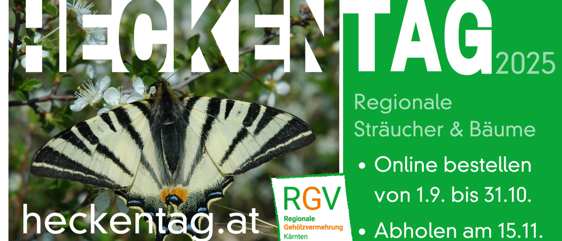 Ein Schmetterling mit schwarzen und weißen Streifen sitzt auf einem Ast mit grünen Blättern. Rechts ist ein grüner Banner mit weißem Text zu sehen. Die Website 'kentaag.at' ist zu sehen. Der Text 'Regionale Gehölzvermehrung' ist zu sehen. Das Datum 1.9. ist sichtbar.
