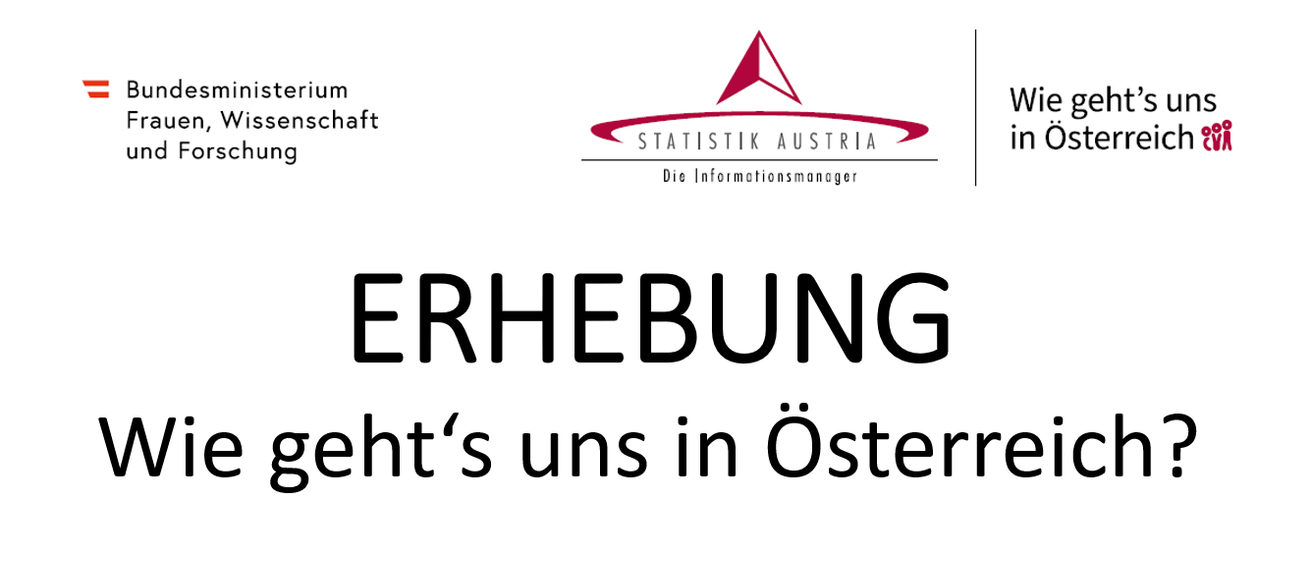 Das Bild zeigt ein Logo für 'Statistik Austria' mit dem Text 'Die Informationsmanager'. Darunter ist das Wort 'ERHEBUNG' deutlich sichtbar. Die Phrase 'geht's uns in Österreich' ist ebenfalls vorhanden.