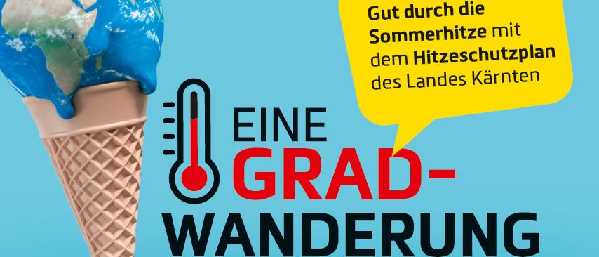Ein Werbeposter mit einem Globus auf einem Eisbecher und einem Thermometer, das eine hohe Temperatur anzeigt. Es ermutigt, sich während des Sommers mit dem Hitzeschutzplan von Kärnten kühl zu halten.