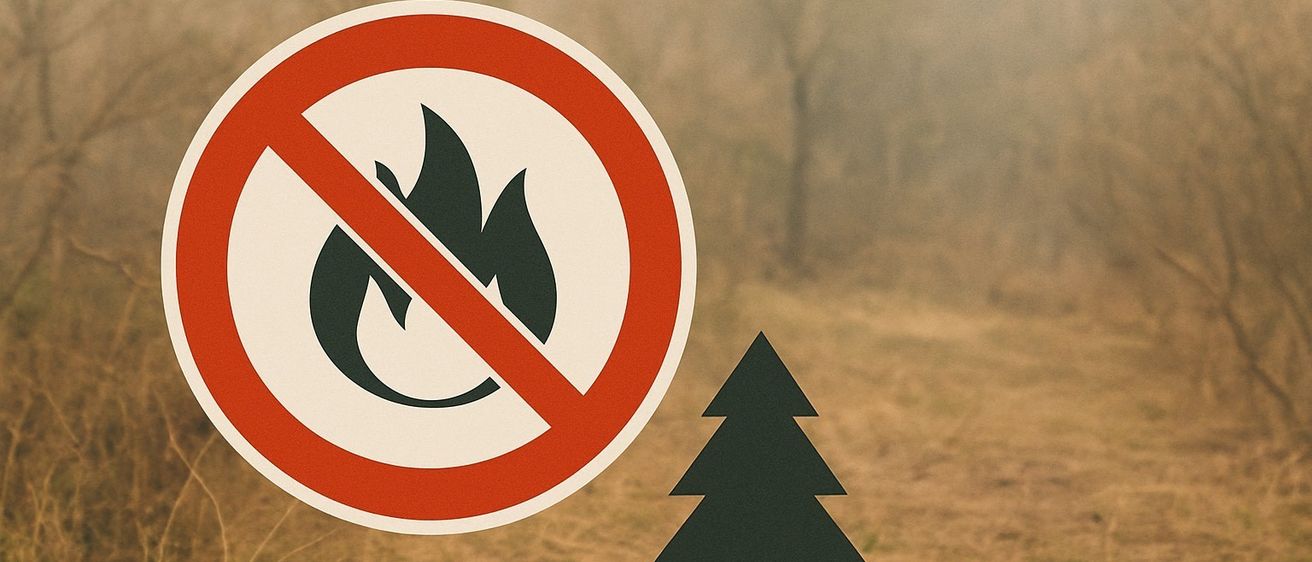 Ein Schild mit einem durchgestrichenen Feuer verbietet Feuer und steht neben einem Kiefernbaum in einer trockenen, nebligen Landschaft.