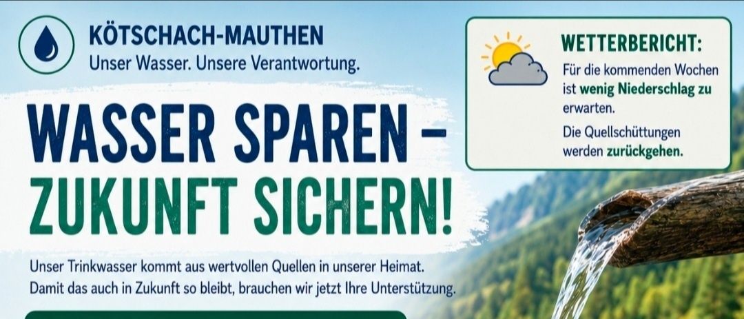 Plakat zur Förderung der Wassereinsparung mit Tipps und Wettervorhersage. Wasser fließt aus einer Holzleitung in einen Pool. Tipps umfassen das Spülen von Geschirr mit kaltem Wasser, das Vermeiden von Autowäschen und das Gießen von Gärten morgens oder abends.