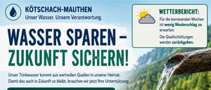 Poster advocating water conservation with tips and a weather forecast. Water flows from a wooden pipe into a pool. Tips include washing dishes with cold water, avoiding car washes, and watering gardens in the morning or evening.