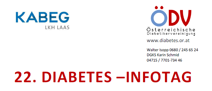 An informational poster for the 22nd Diabetes Info Day, featuring logos, contact details, and a schedule for talks, exhibits, and information booths on November 16, 2025, at Landeskrankenhaus Laas.