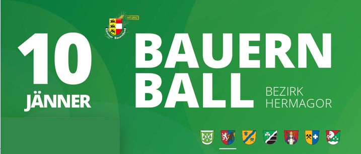 Plakat für den 10. Bauernball in Hermagor, mit Logos, einem Mann im Hut und dem Datum Januar. Der Veranstaltungsort ist Rathaussaal in Kotschach-Mauthen.