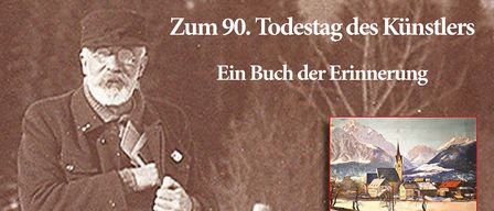 Ein Schwarz-Weiß-Bild eines älteren Mannes in Mantel und Hut, der im Schnee steht. Im Hintergrund befinden sich drei Gemälde von Bergen und Dörfern.