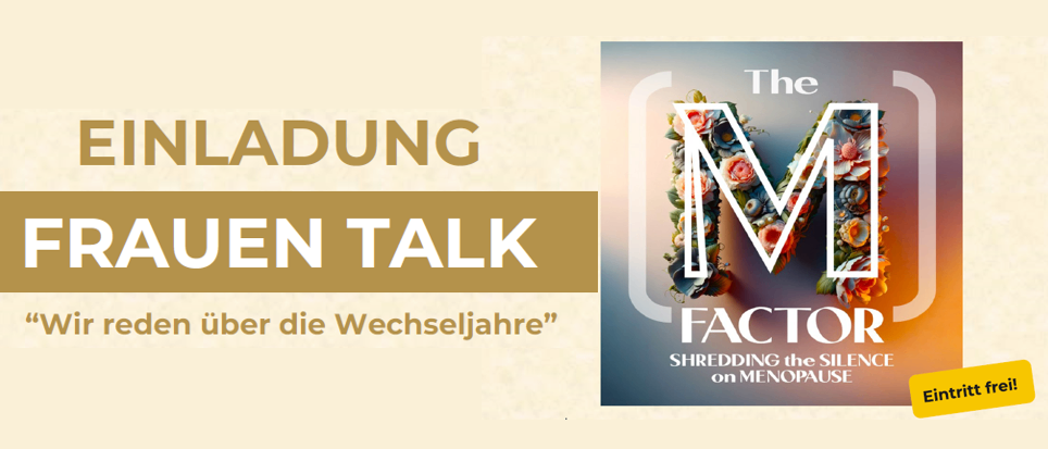 Eine Werbung für einen Podcast mit dem Titel 'Der M Faktor', der sich auf Diskussionen über die Wechseljahre konzentriert. Das Cover zeigt ein 'M' aus Blumen.
