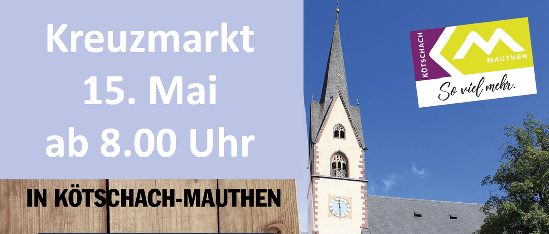 Plakat für einen Flohmarkt in Kotschach-Mauthen am 15. Mai um 8:00 Uhr. Zeigt eine Kirche und ein Logo.