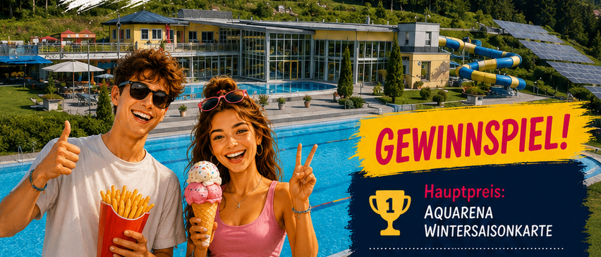 Ein Mann und eine Frau genießen Eis und geben Daumen hoch neben einem Pool. Ein Wasserrutsche und Solarpanele sind sichtbar. Die Aquarena Wintersaisonkarte ist der Hauptpreis. Komm am 17. Juli um 17 Uhr für einen entspannten Abend.