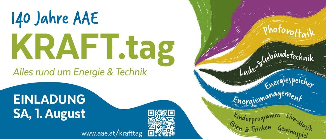 Plakat für die AAF.tag-Veranstaltung mit Fokus auf Energie und Technik, mit einem farbenfrohen Design, das 'AAF.tag', 'Energie & Technik' und einen QR-Code für weitere Informationen zeigt.