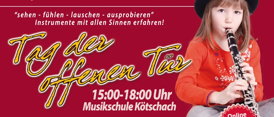 Ein junges Mädchen mit schwarzem Hut spielt Klarinette bei einer Veranstaltung mit offenen Türen für die Musikschule in Kötschach-Mauthen, Österreich, am 14. September 2026 von 15:00 bis 18:00 Uhr.
