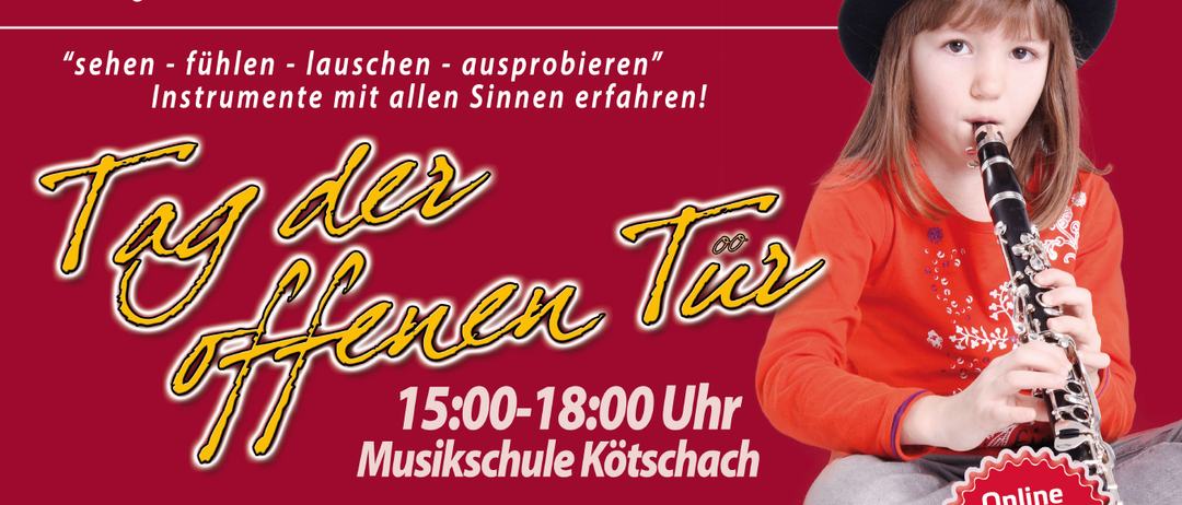 Ein junges Mädchen mit schwarzem Hut spielt Klarinette bei einer Veranstaltung mit offenen Türen für die Musikschule in Kötschach-Mauthen, Österreich, am 14. September 2026 von 15:00 bis 18:00 Uhr.