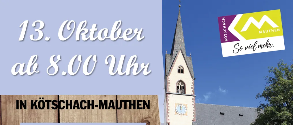 Plakat für einen Herbstmarkt in Kotschach-Mauthen mit einer Kirche und einem Glockenturm. Der Text lautet '3. Oktober 8:00 Uhr Herbstmarkt'.
