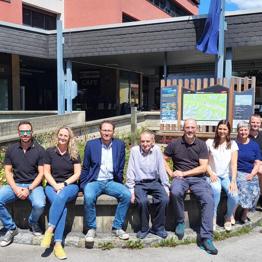 Sieben Menschen posieren für ein Foto vor einem Café. Der Hintergrund zeigt ein Gebäude, eine Karte und eine Fahne. Sie sitzen auf einem Betonbordstein, wobei ein Mann einen Anzug und eine Uhr trägt.